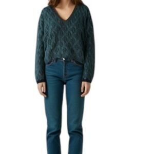 Vintage 80’s Oversized Black And Teal Abstract Print Deep V Neck Sweater Size M